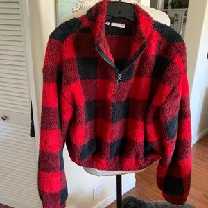 Cozy Red and Black Plaid Women's crop fleece pullover